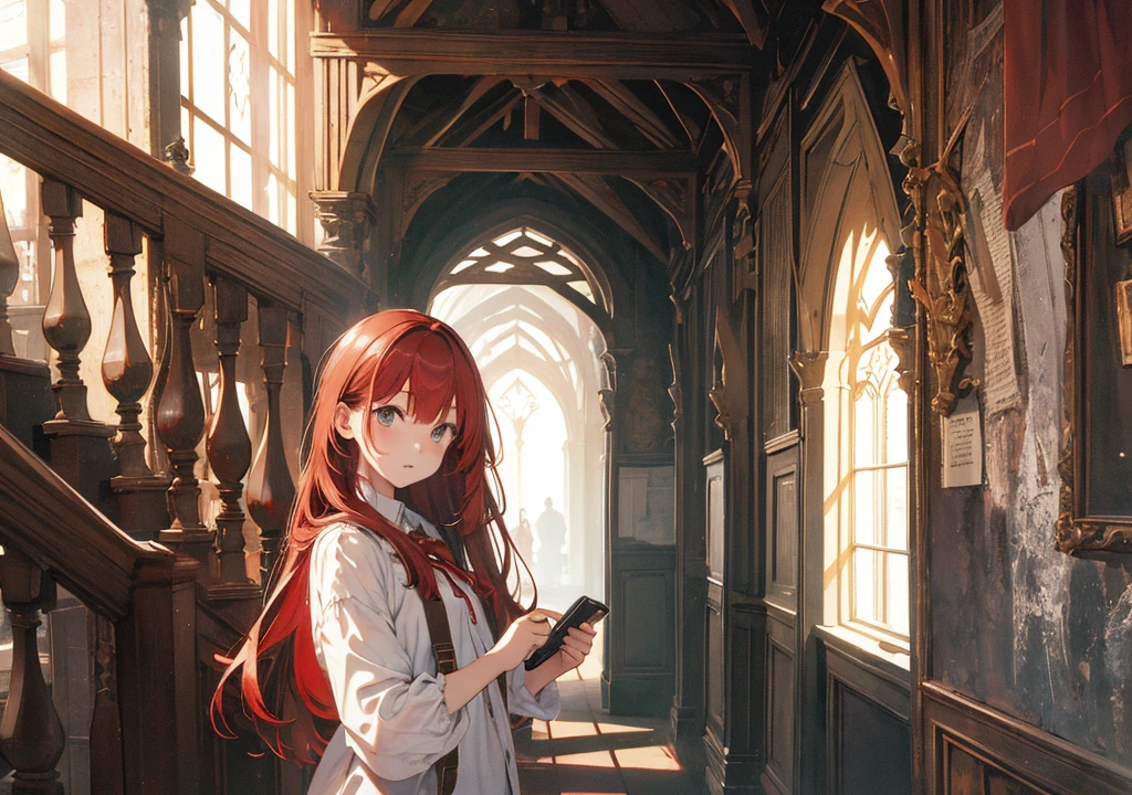 Realistic photos, Focus distance 10mm, Red and white, Beautiful girl, Realistic photos, Shooting at focus distance 10mm, masterpiece, 最high quality, high quality, Very detailed CG 8k wallpaper unit, Award-winning photography, Depth of written boundary, High resolution, bloom, chromatic aberration, Realistic, Very detailed, Art Station Trends, CGsociety Trends, Complex, High detail, dramatic, Art on the go, volumetric lighting, A beautiful red-haired girl explores the secret passageways of Hogwarts. In the background, an old wall and a hidden door can be seen