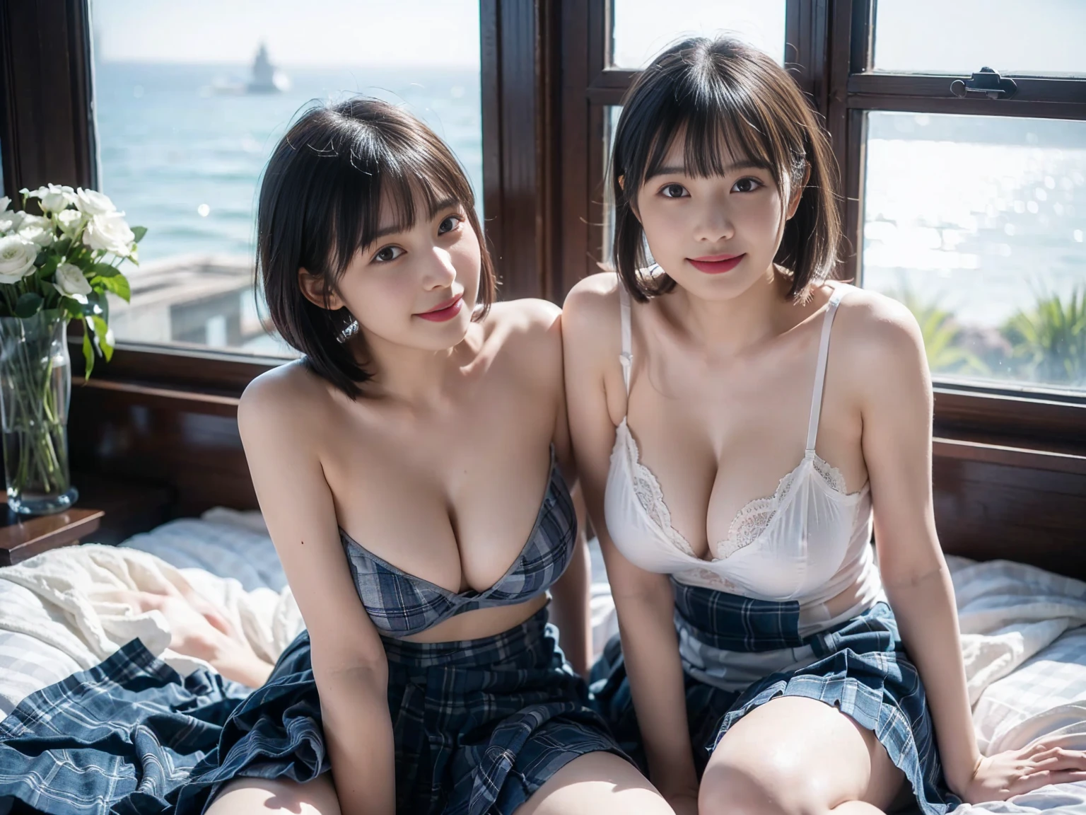 (masterpiece, realistic, photo-realistic:1.2), finely detail, ultra high res, perfect anatomy, best quality, 8K, soft focus, (embarrassed, smile:1.2), (2girls side by side, yo Japanese short girls, nsfw, idol, no bra, topless, pleated plaid blue skirt, ribbons:1.2), cowboy shot, (black straight hair, short hair, blunt bangs:1.2), beautiful detailed face and big eyes, (glowing fair skin:1.2), (pointed huge breasts, gigantic breasts:1.2), (bloom, awesome detailed suite room, sitting on gorgeous bed, wide window with ocean scenery, expensive furniture, flowers in planter:1.2), looking at viewer, shitting pose emphasized breasts, (legs open, bare white panties:1.2),