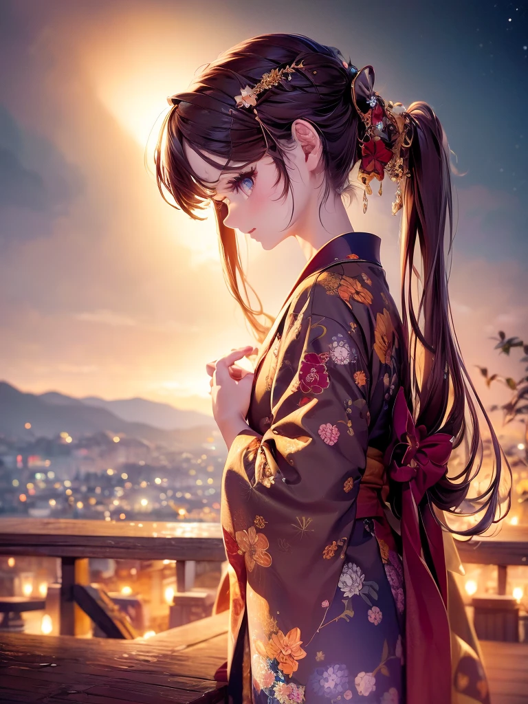 Masterpiece, high resolution, highest quality, fireworks in the night sky, fantastic flower fields at night, a beautiful girl with long brown hair looking away, profile, hair tied up in a yukata, hairpin, fantastic background, Korean glitter eye makeup, mature, older woman, fantasy art