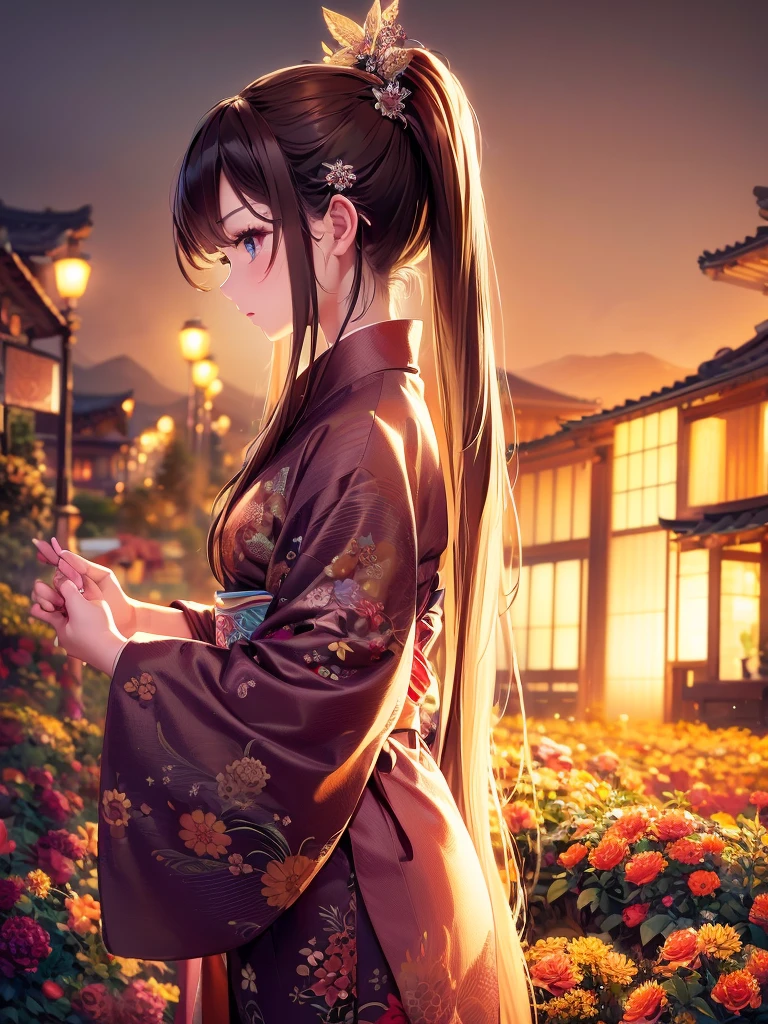 Masterpiece, high resolution, highest quality, fireworks in the night sky, fantastic flower fields at night, a beautiful girl with long brown hair looking away, profile, hair tied up in a yukata, hairpin, fantastic background, Korean glitter eye makeup, mature, older woman, fantasy art