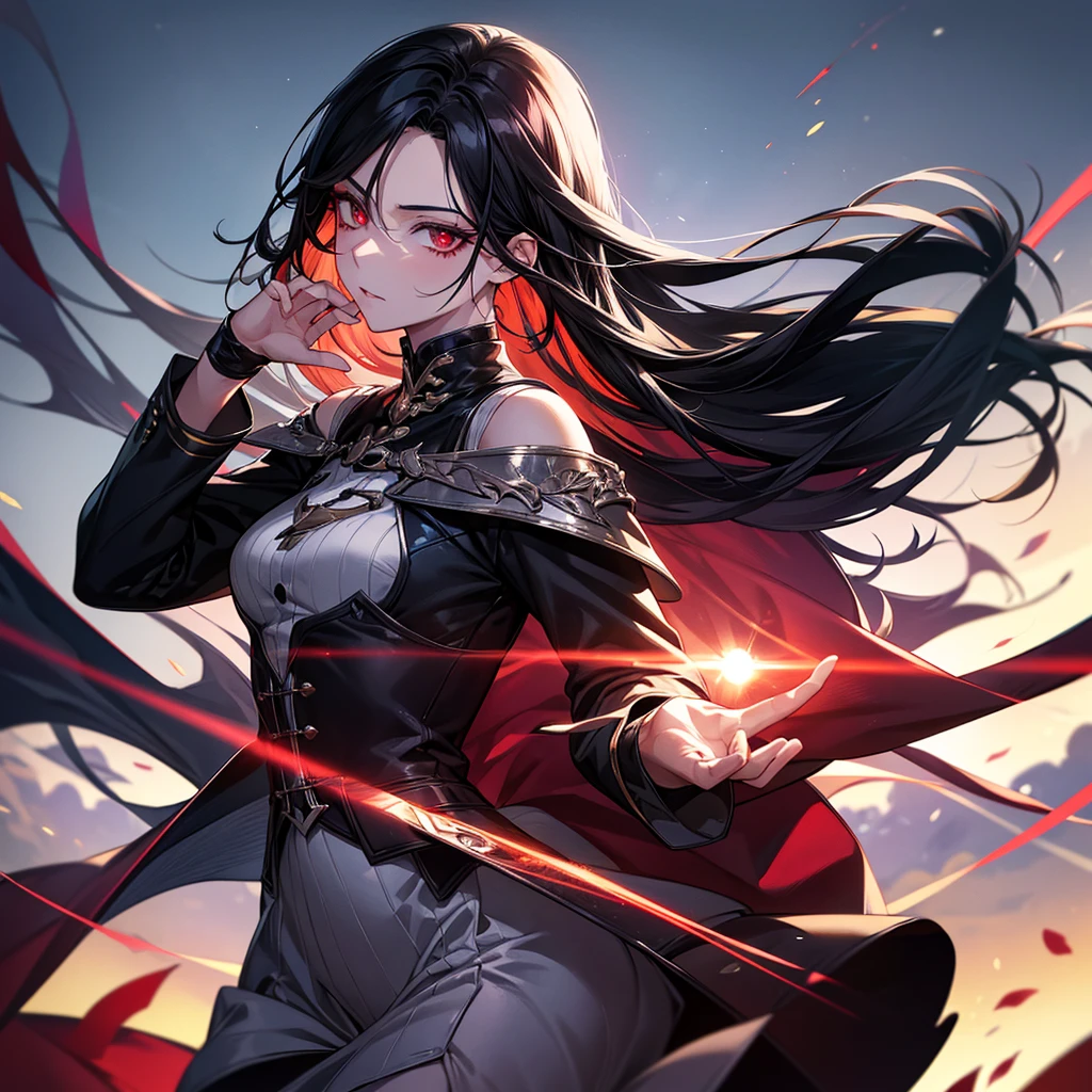 black hair, hair slicked back, eyeball, red eyes, longeyelashes, thinking, Surrealism, conceptual art, アニメ, アニメ style, glowing light, projected inset, cowboy shot, from side, lens flare, bokeh, 8k, super detail, uhd, masterpiece, accurate, anatomically correct, textured skin, super detail, high details, high quality, award winning, best quality, highres、The two-block side part is visible.、Turning to the right, with left hand on chin、Bangs are up、The hair is generally swept back、Hair that looks like it&#39;s been blown by the wind、Wearing a simple light blue shirt