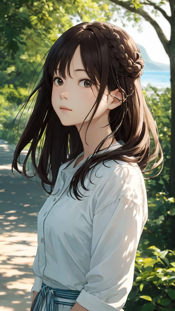 Shiraishi Mei, Looks exactly like Shiraishi Mei,Oceanの方を向いている後ろ姿、Woman looking up at the sky ,Long Hair, Dark brown hair, 2 girls, 18-year-old, photograph, Realistic, Highest quality, Detailed face, Strong sunlight, Ocean, Embankment, Detailed Background, Diffused sunlight, Written boundary depth, Bokeh (Highest quality: 1.2), (masterpiece: 1.2), Watch Viewer, one piece, White Theme, ,Vision、(((Panorama:1.2)))Braid、Bun Hair。