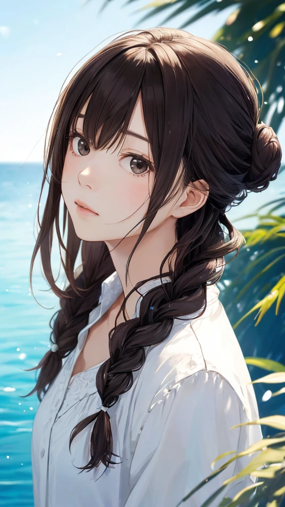 Shiraishi Mei, Looks exactly like Shiraishi Mei,Oceanの方を向いている後ろ姿、Woman looking up at the sky ,Long Hair, Dark brown hair, 2 girls, 18-year-old, photograph, Realistic, Highest quality, Detailed face, Strong sunlight, Ocean, Embankment, Detailed Background, Diffused sunlight, Written boundary depth, Bokeh (Highest quality: 1.2), (masterpiece: 1.2), Watch Viewer, one piece, White Theme, ,Vision、(((Panorama:1.2)))Braid、Bun Hair。