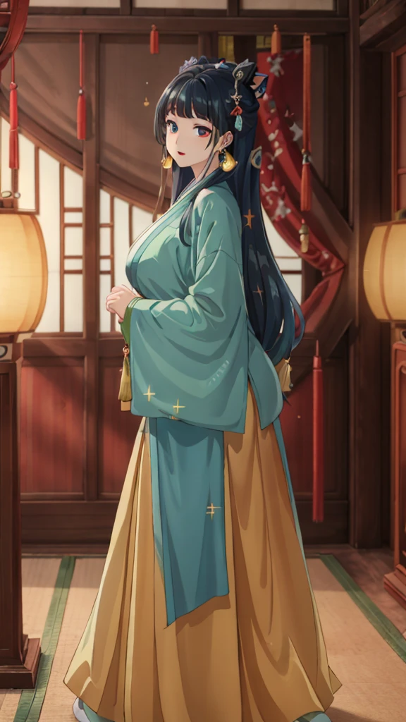 (((Highest quality､Ultra-high resolution､masterpiece: 1.2))), Highly detailed anime art style,Teen Style, (Off the shoulder,Earrings, A luxurious interior of the Tang Dynasty harem), Detailed green hair, Detailed blue eyes, Complicated hairstyle, Long Hair,Sparkling eyes,like々Shii,hair accessory, チャイニーズEarrings着用, She has a hairpin on her head、Half Up, Slightly blunt bangs, Detailed lighting, Bright colors, Looking at the audience, 45 degree top down shot､Facing forward､Stand in the center of the image､Cowboy Shot,Cat､Curvaceous､Big Breasts､Big Ass､High-end kimono､Traditional Tang Dynasty Kimono、Crimson lipstick､Courtesan-style costume、