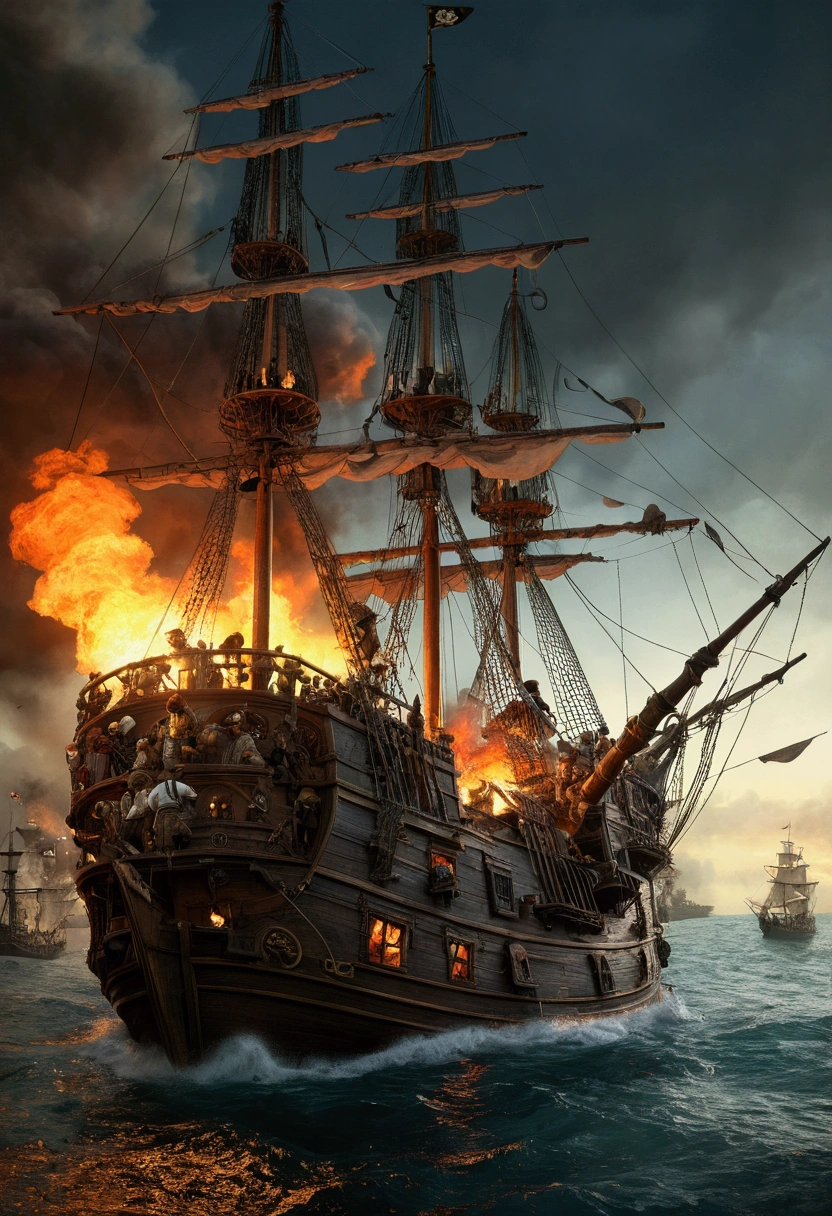 Pirate War, robbery, fire, by W. Heath Robinson, cinematic still, chiaroscuro, dynamic, (best quality, masterpiece, photorealistic), very aesthetic, perfect composition, intricate details, ultra-detailed, vivid colors
