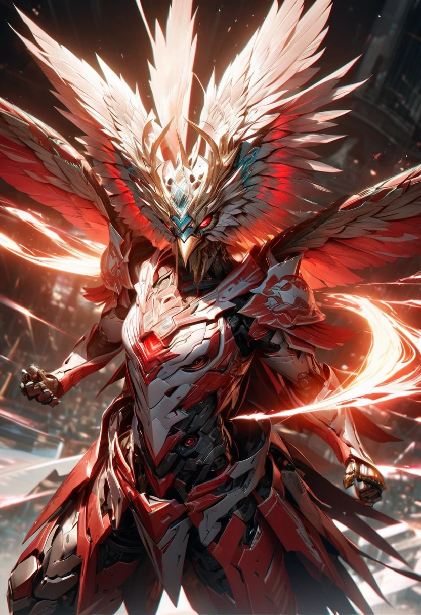 Far view,High quality, ultra realistic,absurdres, highres, ultra detailed, HDR, masterpiece, extremely detailed face and eyes, Indonesia robotic flying Garuda bird , red and white color ,explosive effect , red and white lightning effect,glowing glitters , symetrical