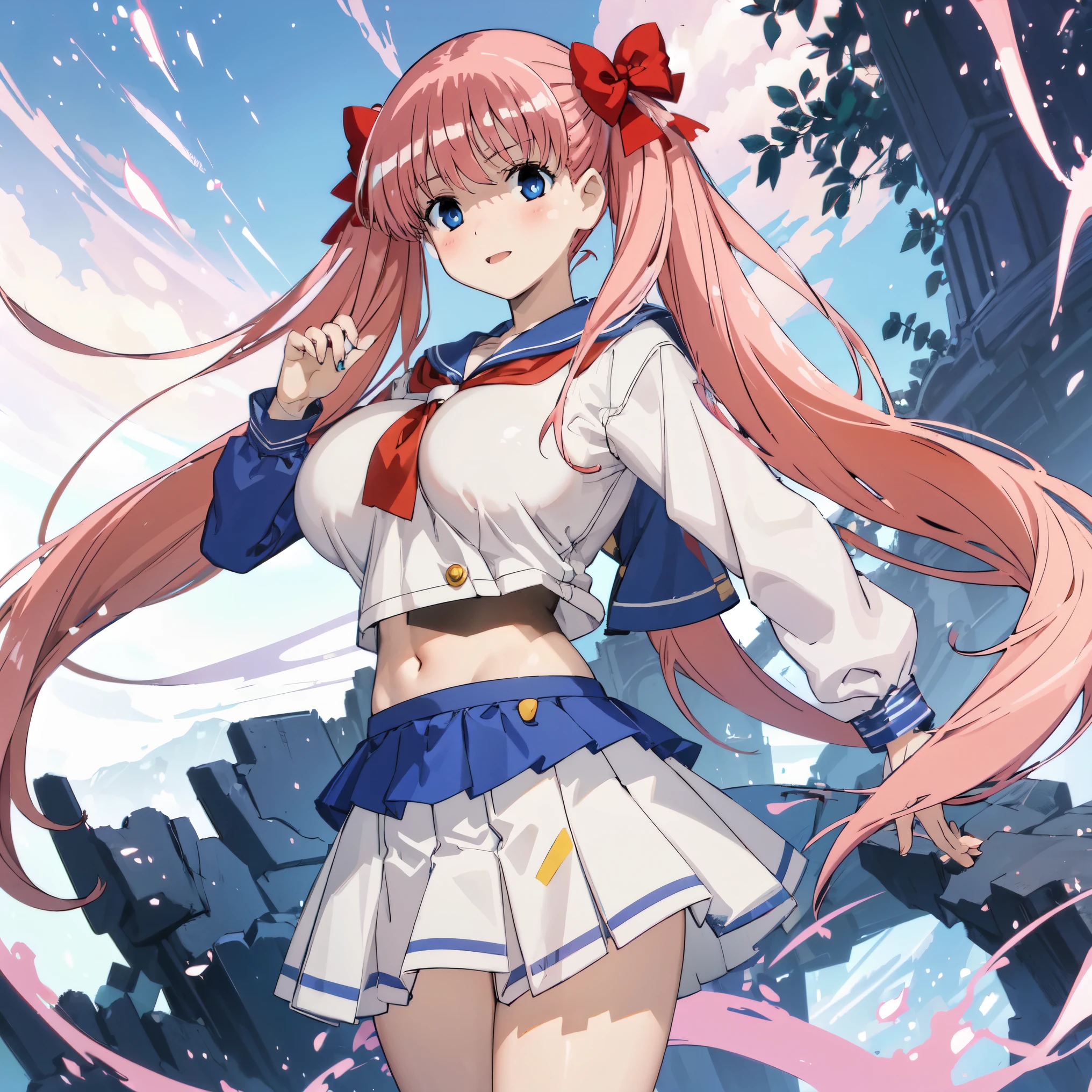 1girl, busty, sailor uniform, pink hair, blue eyes, ((huge tits)), twintail hair, blue short skirt, blue eyes, upperbody, white background, smile