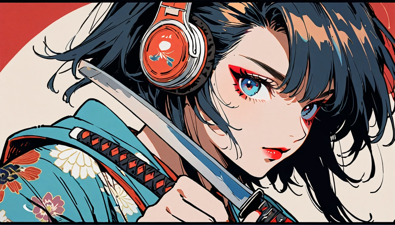 (((1 girl))), (((Flashy makeup))), (((Japanese style headphones))), (((Japanese pattern hoodie))), (((Japanese sword))), (((Female samurai))), Japanese beautiful girl, Black Hair, Delicate and precise, Modern ukiyo-e style, Japanese flag, red and blue neon