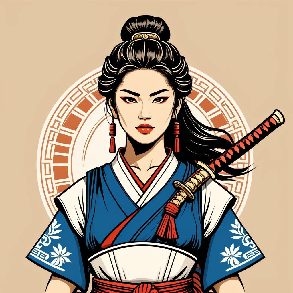 female	samurai	in greek folk outfit	,vector graphics, strong contours, logo design																						