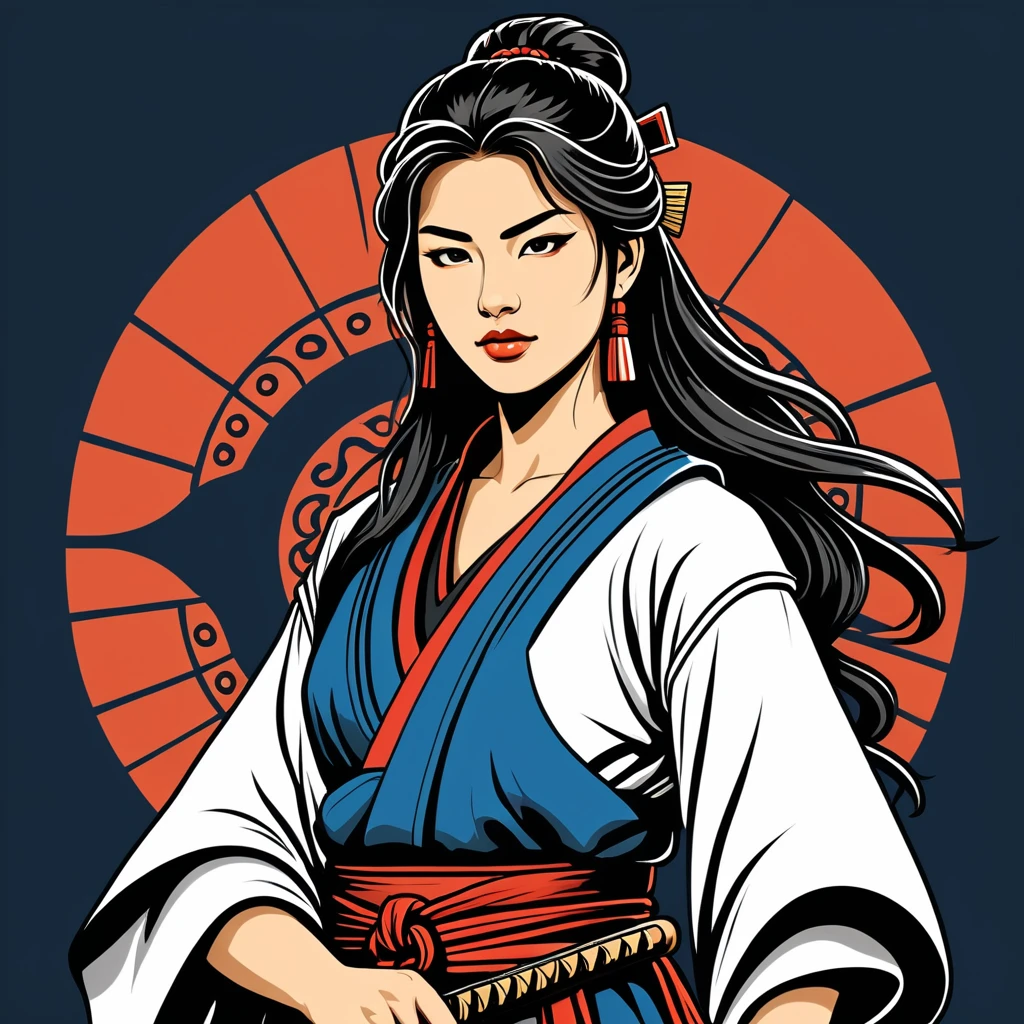 female	samurai	in greek folk outfit	,vector graphics, strong contours, logo design																						