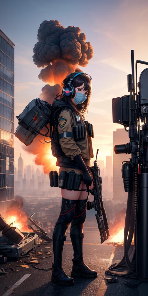 ((high quality)), ((masterpiece)), 8k, 2girls, bulletproof vest, light rays, extremely detailed CG unity 8k wallpaper, game cg, looking at viewer, gloves, boots, full body, watch, computer, mask, drone, holding weapon, headphones, jacket, (background destroyed city , explosion , smoke