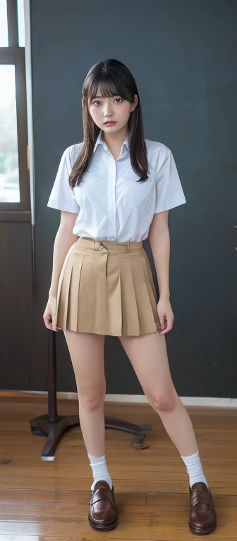 (8k, RAW Photos,Highest quality, High resolution:1.1), (Ultra-realistic:1.4),(Realistic, Realistic:1.3),The Beauty of Japan、age25, big breast, thin weast:1.3, thin legs, school uniform, short sleeve shirt, white Hisocks, brown loafers, classroom, (all body), S字ポーズ, gazing into the distance:1.9