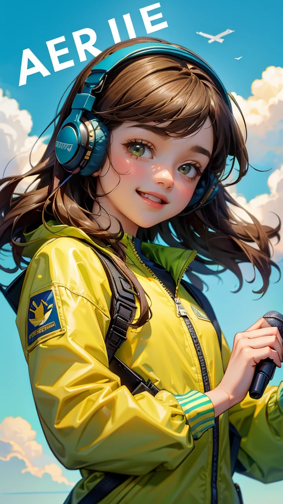 A cute girl with headphones and a microphone flying on a green airplane in the sky with clouds and a blue sky background. The girl is wearing a yellow jacket and has brown hair, looking excited. The text 'ANNOUNCEMENT OF ANNOUNCEMENT' is prominently displayed on the image. Replace the girl with another beautiful, cute girl while maintaining the same style and theme. The background, airplane, and text should remain exactly the same.