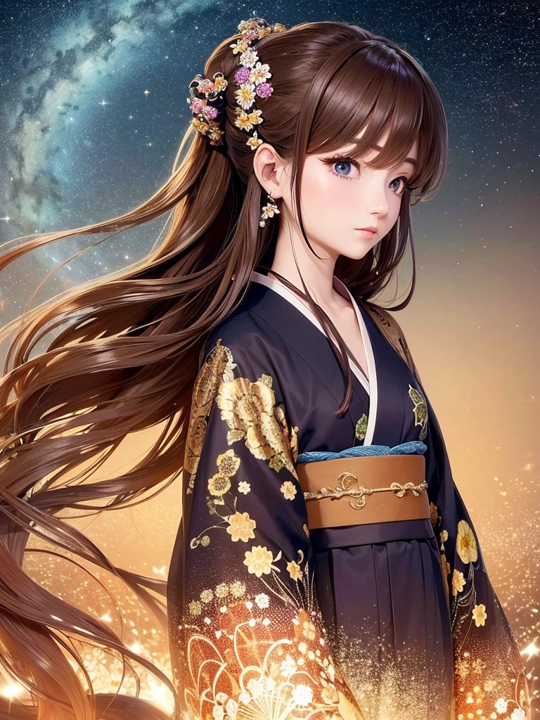 Masterpiece, high resolution, highest quality, fireworks in the night sky, fantastic flower fields at night, a beautiful girl with long brown hair looking away, profile, hair tied up in a yukata, hairpin, fantastic background, Korean glitter eye makeup, mature, older woman, fantasy art