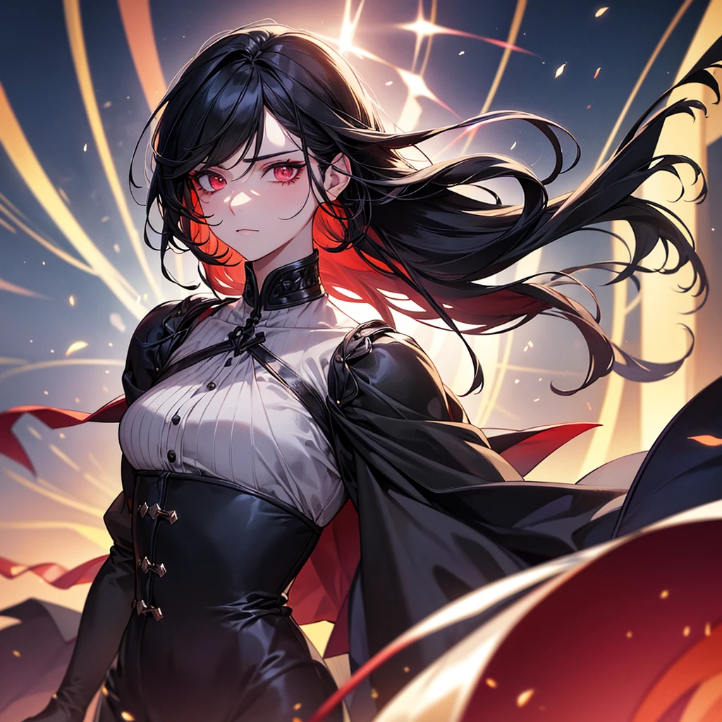 black hair, hair slicked back, eyeball, red eyes, longeyelashes, thinking, Surrealism, conceptual art, アニメ, アニメ style, glowing light, projected inset, cowboy shot, from side, lens flare, bokeh, 8k, super detail, uhd, masterpiece, accurate, anatomically correct, textured skin, super detail, high details, high quality, award winning, best quality, highres、The two-block side part is visible.、Turning to the right, with left hand on chin、Bangs are up、The hair is generally swept back、Hair that looks like it's been blown by the wind、