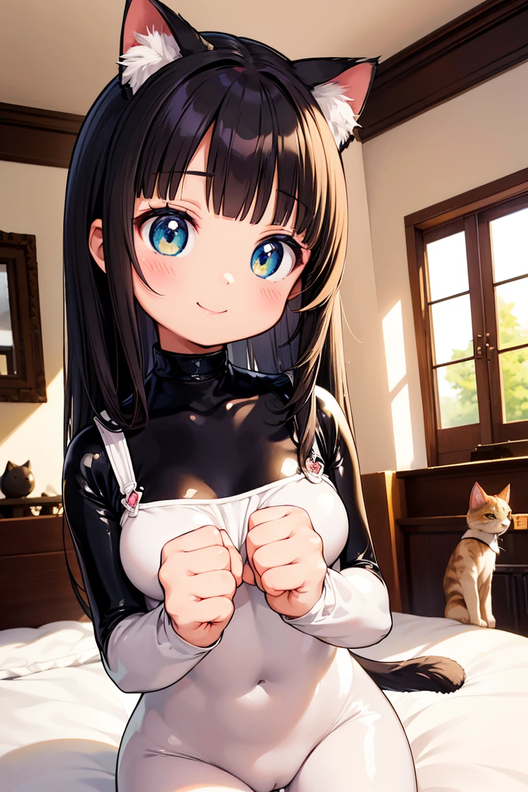 Beautiful illustration, best quality, cute girl, ((Inside a traditional mansion)), big pillows, pastel color, natural tones, Black hair, ((Cat girl)), ((Bodysuit)), tanned skin, ((Anime cat smile)), bright lighting, big eyes, ((Perfect hands))