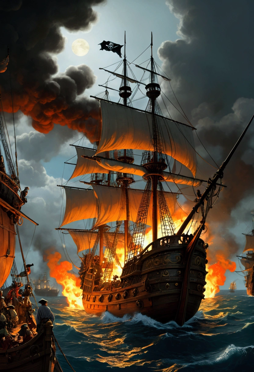 Pirate War, ships, robbery, fire, by W. Heath Robinson, cinematic still, chiaroscuro, dynamic, (best quality, masterpiece, photorealistic), very aesthetic, perfect composition, intricate details, ultra-detailed, vivid colors