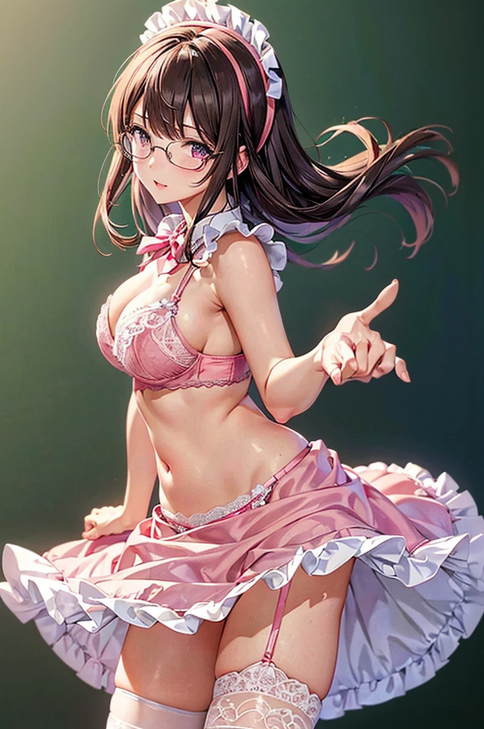(((masterpiece, Highest quality, High resolution, 超High resolution, Perfect Pixel, Depth of written boundary, 4K, RTTX 10.0))), Beautiful Anime Woman, Beautiful art style, Anime characters, ((Smooth texture, Realistic texture, Anime CG Style)), Perfect and accurate finger count、Exact number of legs、(Exact number of arms:1.0, Exact number of hands:1.0), (Perfect hands, Perfect Anatomy), Cinematic, Realistic, Extremely detailed CG, Perfect lighting, Best Shadow, The best natural light, whole body, Perfect body, バランのとれたPerfect body, Perfectly balanced style, Soft body, ((bangs, Dark brown hair, Half Up, )), ((A pretty adult woman is lecturing while holding an open textbook in one hand and pointing at a blackboard with a baton:1.8)), ((Bow tie around neck, Glasses:1.3), , (Sexy and cute pink underwear:1.3), (Stylish shiny pink satin panties, Side-tie pink panties, Panties with plain pink center and lace decoration on the sides, Thin pink panties:1.4), (Pink micro lace satin bra, Pink bra with large lace trim around the edges, Open cup pink bra, Gorgeous pink bra with lace, Thin bra:1.4), (lace garter belt, Garter Strings, Knee socks:1.3):1.3), (Beautiful big boobs:1.1), (Embarrassed expression:1.7), blush, (School classroom, Blackboard background, During class:1.7), naked, belly button, In underwear, ブラとパンティとガーターベルトとKnee socksのみ, (Frilly maid headband:1.1), Angle from the front
