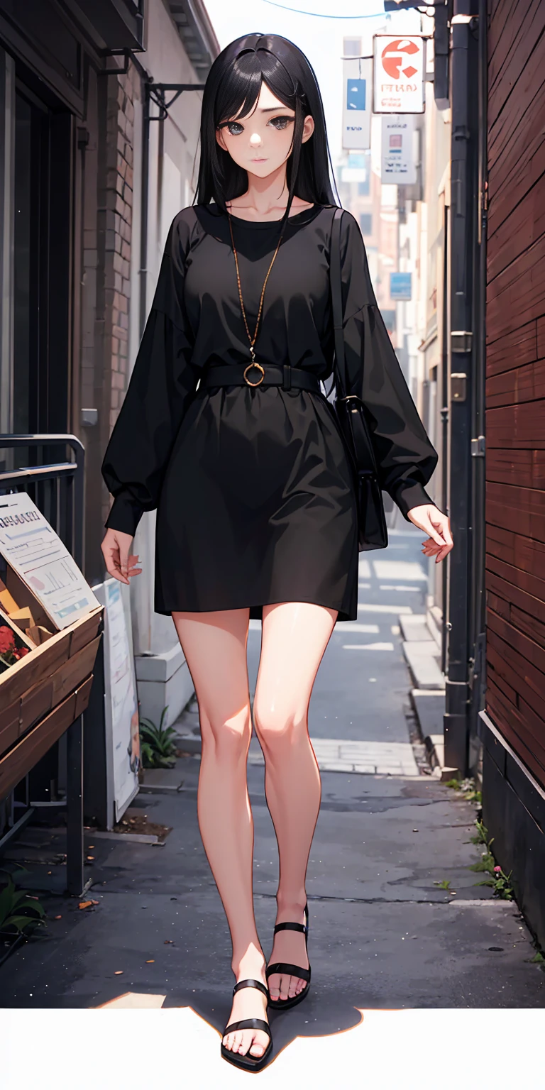 A girl with long black hair, black eyes, fair skin tone, casual dress, detailed hair, detailed body, aesthetic, best quality, 8k