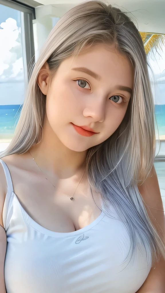 1 Girl, Beautiful, Baby Face, 20 Years Old, White Skin, Large Breasts, Sleeveless, Cleavage, White Modern Oversize T-shirt, Posing For Photos, Beautiful Blue Sea, Blue Sky, Grey Hair, Silver Straight Hair, ((adorable:1.1)), ((masterpiece:1.1)), Sleepy Cute Face