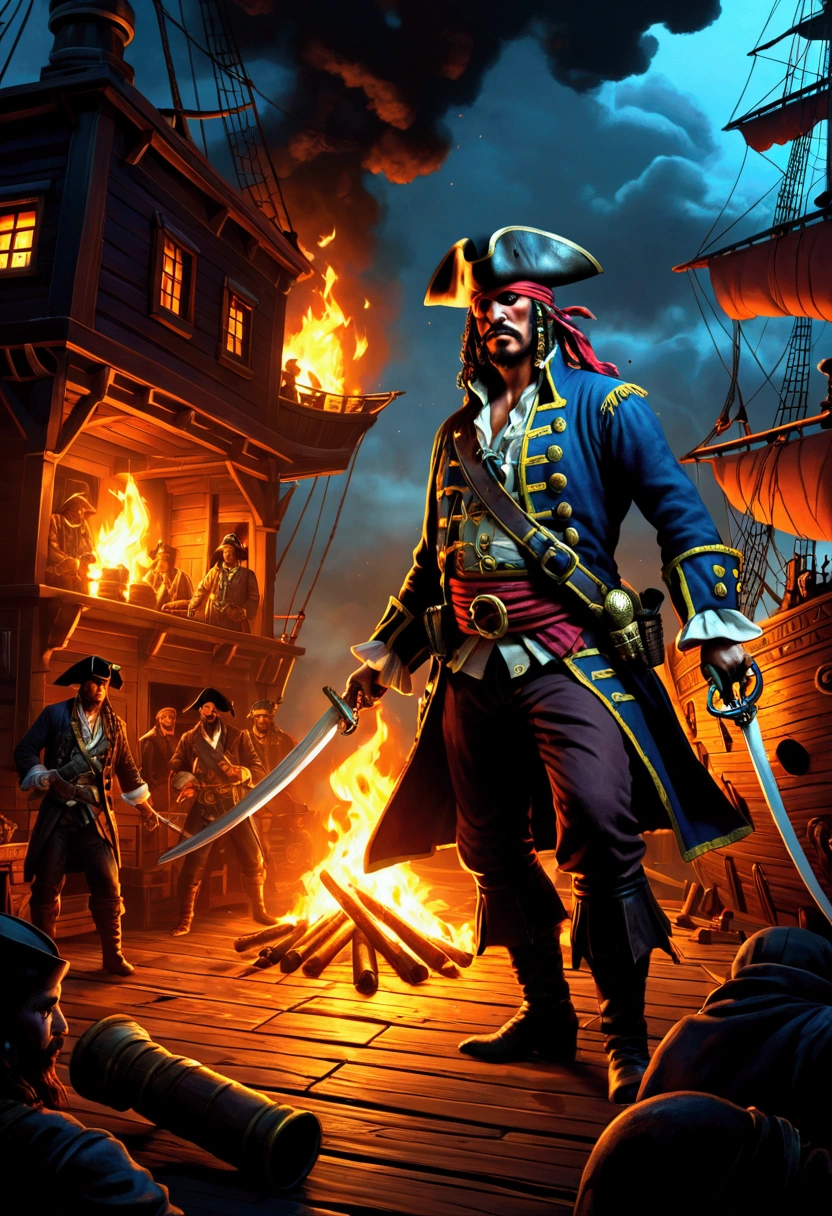 Pirate War, robbery, fire, by dan mumford, cinematic still, chiaroscuro, dynamic, (best quality, masterpiece, photorealistic), very aesthetic, perfect composition, intricate details, ultra-detailed, vivid colors