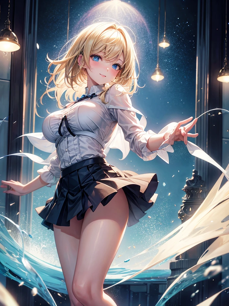 Anime style, super fine illustration, highly detailed, beautiful detailed, pale tone image, static representation, gentle expression, 8k, pretty 1girl with blonde straight short hair & blue eyes & a bright smile & full bust & soft fair skin is wearing big white business shart not to show her skin & black tight skirt in the cafe for drinking ice coffee in the evening, brilliant particles of lights, romantic stories, solo, perfect 5fingers, perfect arms, perfect legs, masterpiece.