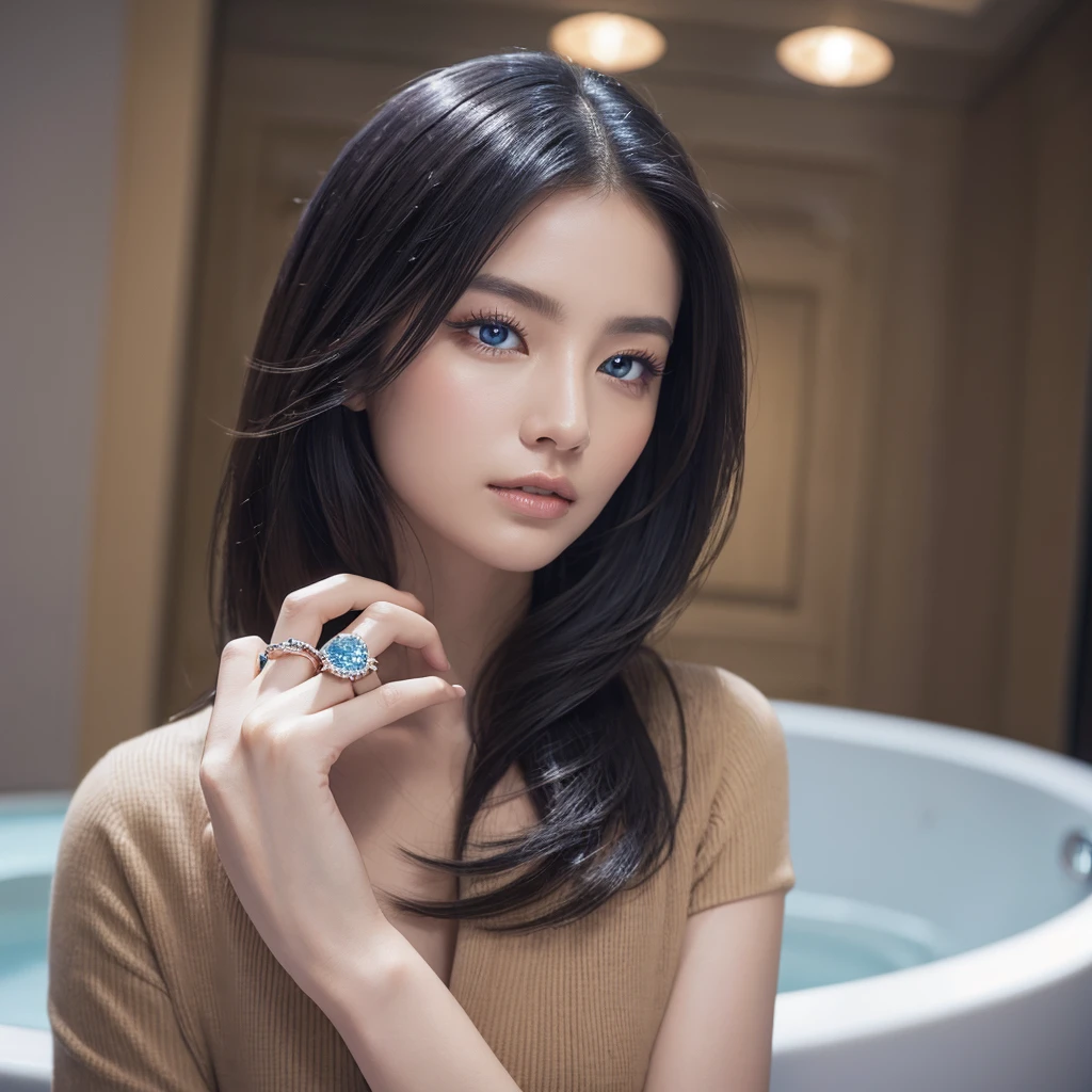 masterpiece, Highest quality, The placed ring、Close-up of the ring、Ring with blue stone and diamonds