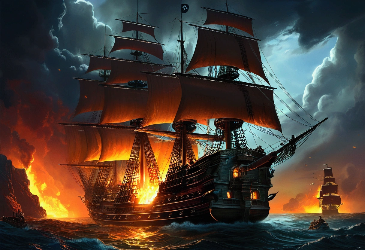 Pirate War, ships, robbery, fire, by dan mumford, cinematic still, chiaroscuro, dynamic, (best quality, masterpiece, photorealistic), very aesthetic, perfect composition, intricate details, ultra-detailed, vivid colors