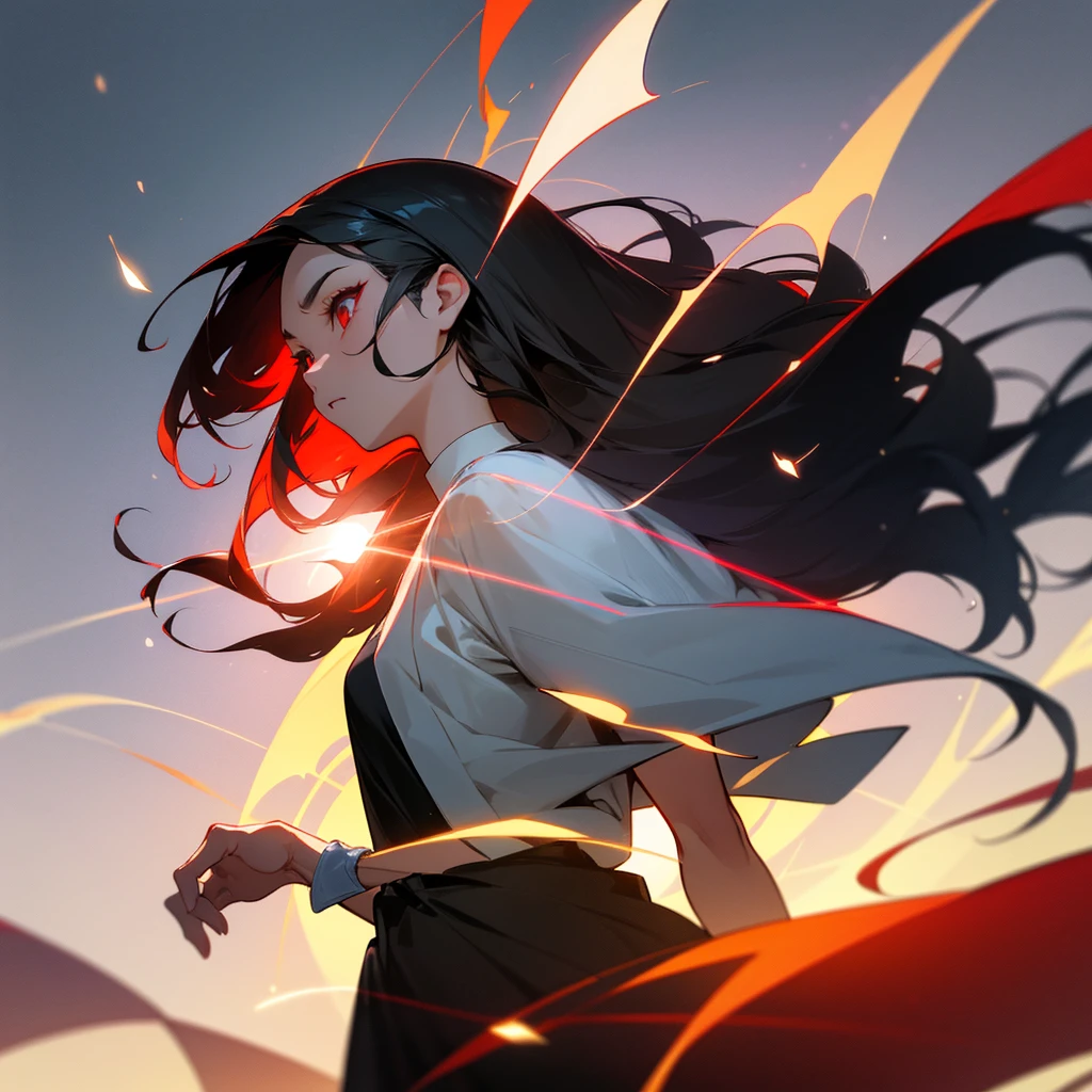 black hair, hair slicked back, eyeball, red eyes, longeyelashes, thinking, Surrealism, conceptual art, アニメ, アニメ style, glowing light, projected inset, cowboy shot, from side, lens flare, bokeh, 8k, super detail, uhd, masterpiece, accurate, anatomically correct, textured skin, super detail, high details, high quality, award winning, best quality, highres、The two-block side part is visible.、Turning to the right, with left hand on chin、Bangs are up、The hair is generally swept back、Hair that looks like it's been blown by the wind、Wearing a simple light blue shirt、One man、1boy