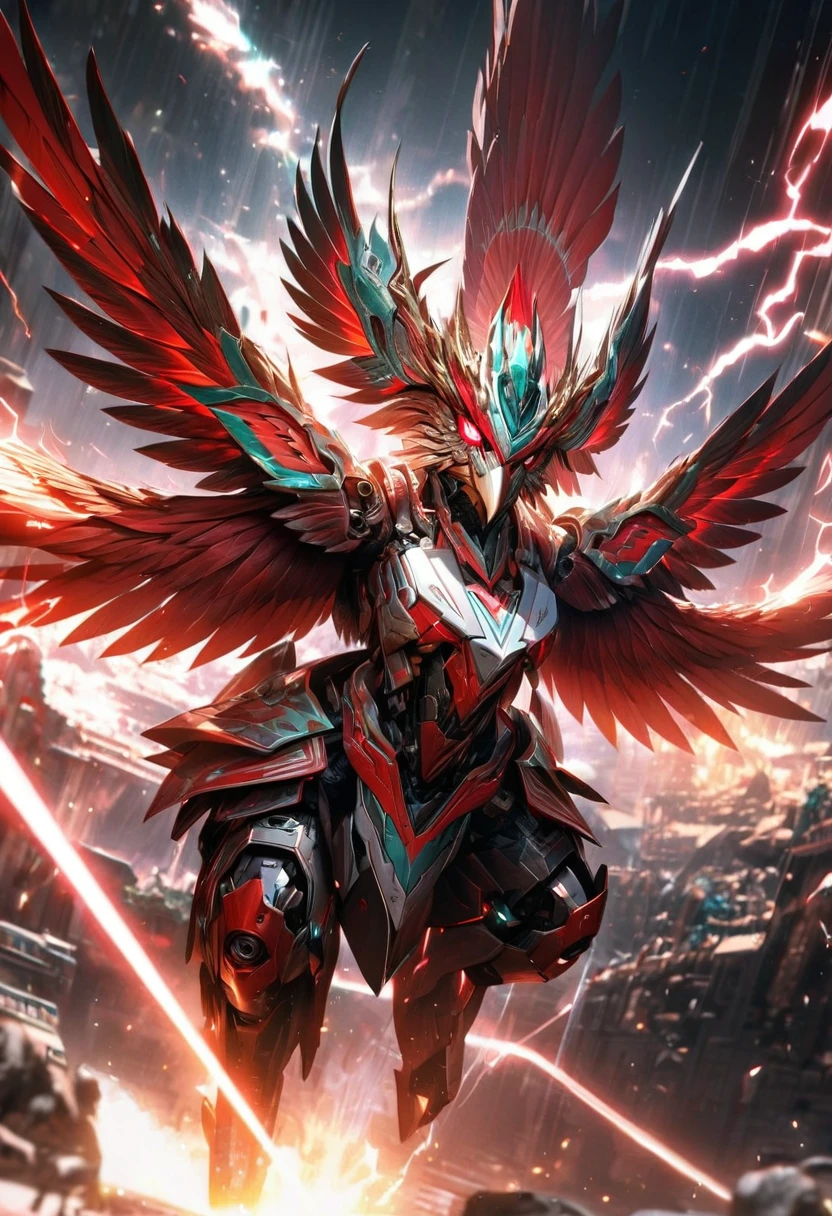 Far view,High quality, ultra realistic,absurdres, highres, ultra detailed, HDR, masterpiece, extremely detailed face and eyes, Indonesia robotic flying Garuda bird , red and white color ,explosive effect , red and white lightning effect,glowing glitters , symetrical