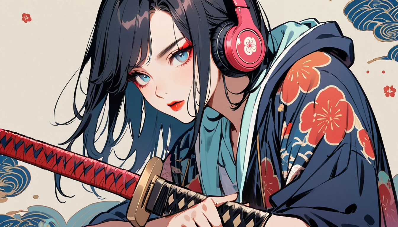 (((1 girl))), (((Flashy makeup))), (((Japanese style headphones))), (((Japanese pattern hoodie))), (((Japanese sword))), (((Female samurai))), Japanese beautiful girl, Black Hair, Delicate and precise, Modern ukiyo-e style, Japanese flag, red and blue neon