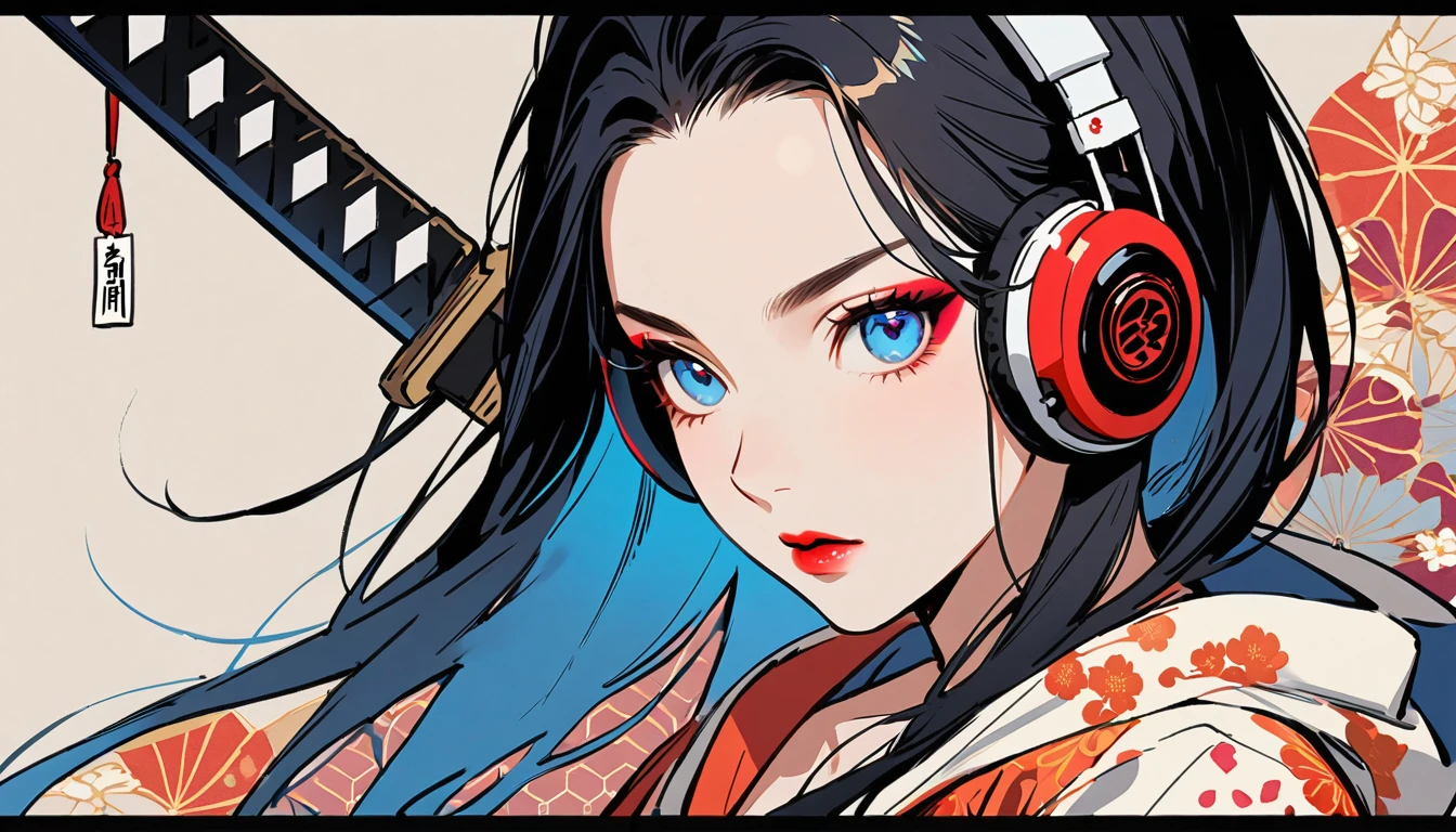 (((1 girl))), (((Flashy makeup))), (((Japanese style headphones))), (((Japanese pattern hoodie))), (((Japanese sword))), (((Female samurai))), Japanese beautiful girl, Black Hair, Delicate and precise, Modern ukiyo-e style, Japanese flag, red and blue neon