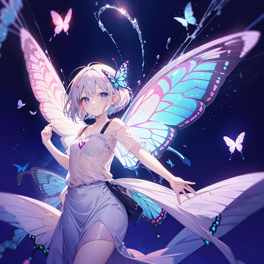 One Woman((Fairy,Butterfly Wings Happiness)) background((Pale pink,Lots of hearts))smile ,Gray Hair,Short bob blue eyes,Super Shining,camisole,Long Hem Super Pop Anime,Anime The Wind Blows,Jagged front,Raise your arms,floating