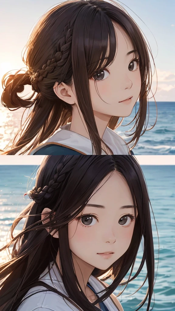 Shiraishi Mei, Looks exactly like Shiraishi Mei,Oceanの方を向いている後ろ姿、Woman looking up at the sky ,Long Hair,  Dark brown hair, 2 girls, 18-year-old, photograph, Realistic, Highest quality, Detailed face, Strong sunlight, Ocean, Embankment, Detailed Background, Diffused sunlight, Written boundary depth, Bokeh (Highest quality: 1.2), (masterpiece: 1.2), Watch Viewer, one piece, White Theme, ,Vision、(((Panorama:1.2)))Braid、Bun Hair。