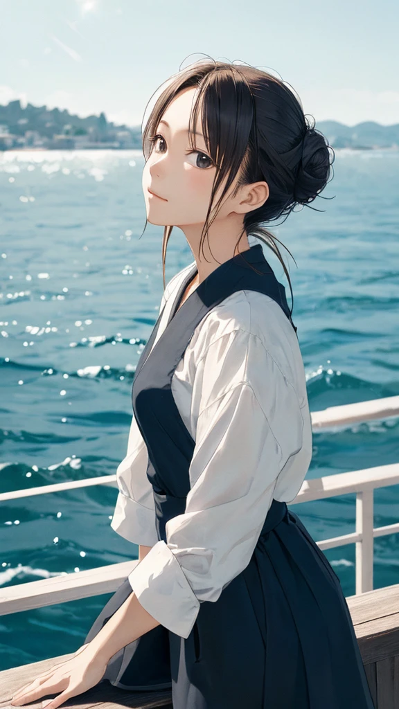 Shiraishi Mei, Looks exactly like Shiraishi Mei,Oceanの方を向いている後ろ姿、Woman looking up at the sky ,Long Hair, Dark brown hair, 2 girls, 18-year-old, photograph, Realistic, Highest quality, Detailed face, Strong sunlight, Ocean, Embankment, Detailed Background, Diffused sunlight, Written boundary depth, Bokeh (Highest quality: 1.2), (masterpiece: 1.2), Watch Viewer, one piece, White Theme, ,Vision、(((Panorama:1.2)))Braid、Bun Hair。
