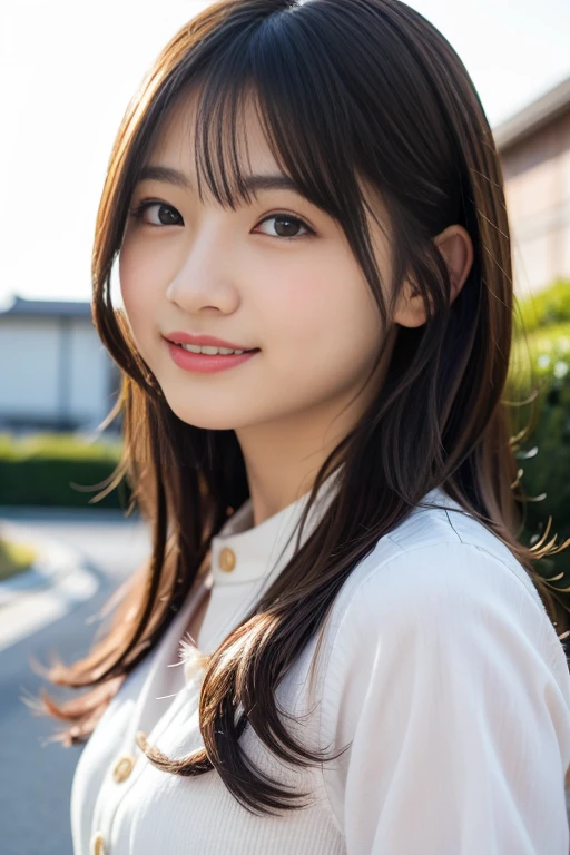 ((Cute 15 year old Japanese))、on the road、Highly detailed face、Pay attention to the details、double eyelid、Beautiful thin nose、Sharp focus:1.2、Beautiful woman:1.4、Cute Hairstyles、Pure white skin、Highest quality、masterpiece、Ultra-high resolution、(Realistic:1.4)、Highly detailed and professional lighting、nice smile、Japanese school girl uniform