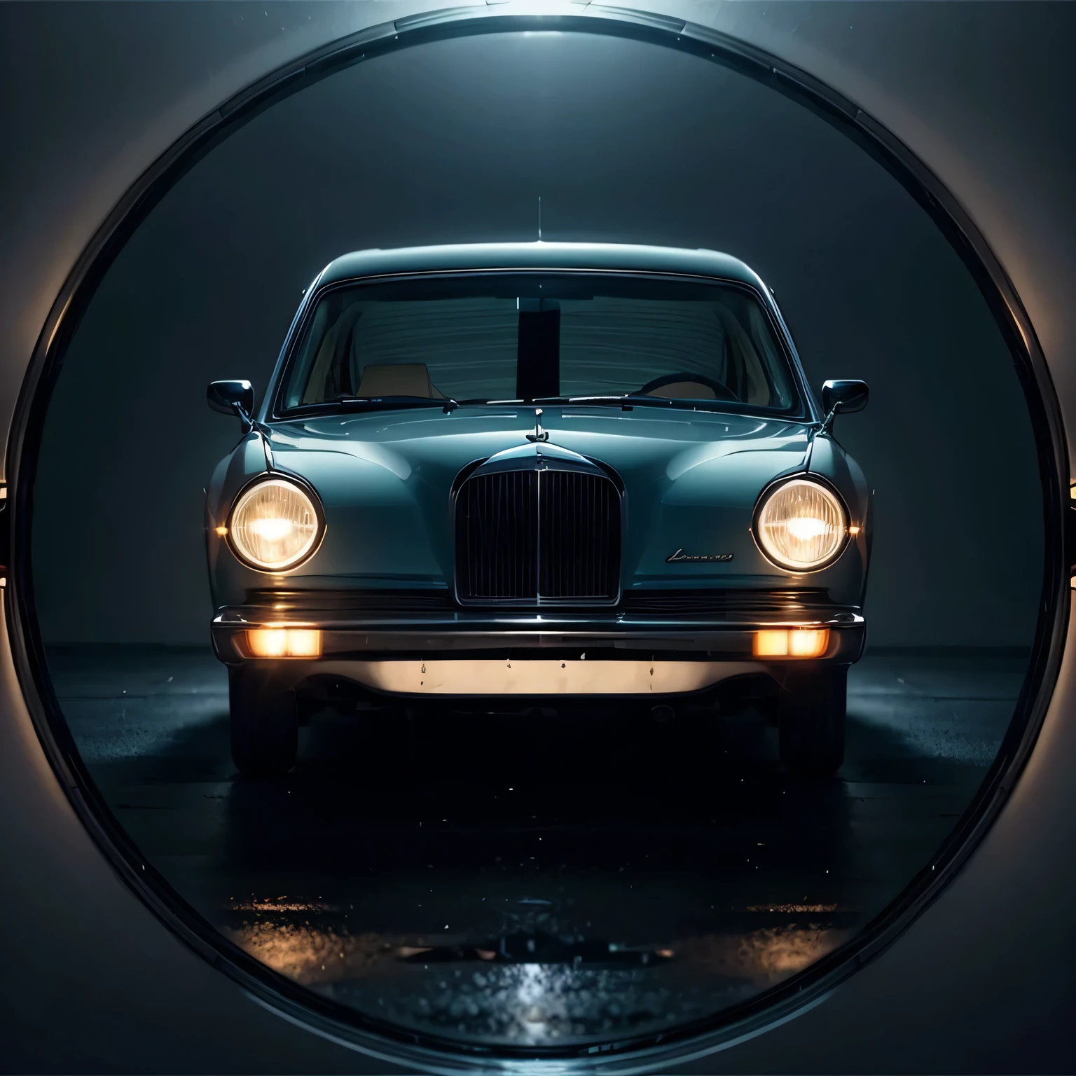 best quality, realistic, white car, BREAK dark blue background
