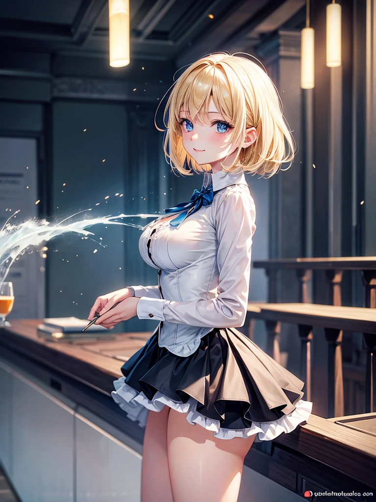 Anime style, super fine illustration, highly detailed, beautiful detailed, pale tone image, static representation, gentle expression, 8k, pretty 1girl with blonde straight short hair & blue eyes & a bright smile & full bust & soft fair skin is wearing big white business shart not to show her skin & black tight skirt in the cafe for drinking ice coffee in the evening, brilliant particles of lights, romantic stories, solo, perfect 5fingers, perfect arms, perfect legs, masterpiece.