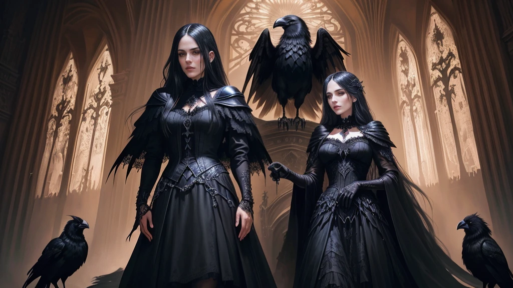 painting of a woman in a black dress with a crow on her shoulder, gothic fantasy art, dark fantasy art, dark fantasy art, fantasy dark art, crow, crow winged female vampire, in style of dark fantasy art, Luis Royo, portrait of crow, Abaddon and Magali Villeneuve, dark fantasy artwork,