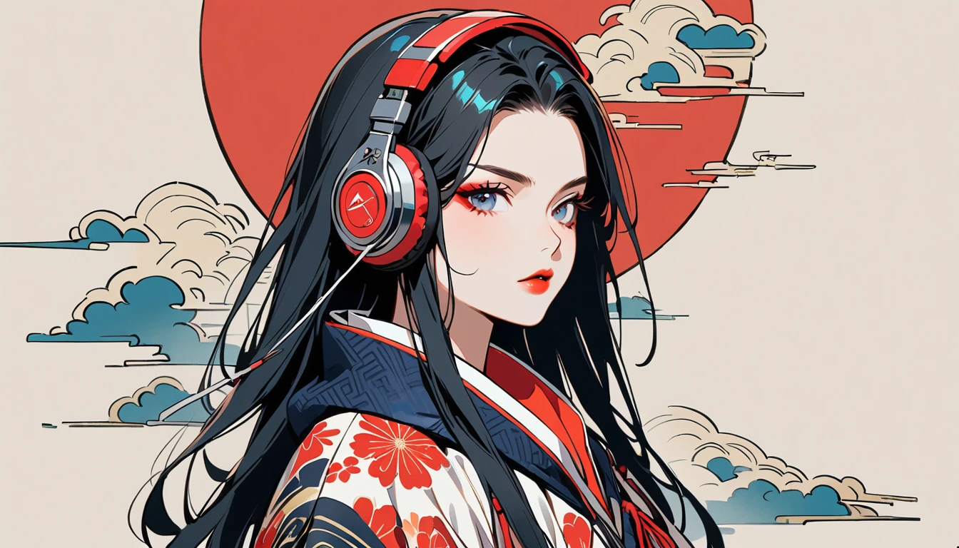 (((1 girl))), (((Flashy makeup))), (((Japanese style headphones))), (((Japanese pattern hoodie))), (((Japanese sword))), (((Female samurai))), Japanese beautiful girl, Black Hair, Delicate and precise, Modern ukiyo-e style, Japanese flag, red and blue neon