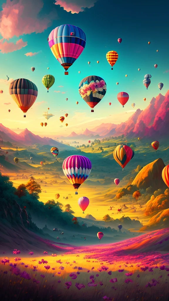 There are many balloons flying over the field, whimsical fantasy landscape art, hot air balloon, dreamy scenes, (fantasy), pastel style painting, balloon, painting of a dreamscape, artwork of a, amazing background, A beautiful artwork illustration, dreamlike illustration, mythical floral hills, Magical realist painting, Beautiful digital artwork, background artwork, Dreamy landscape, romantic landscape
