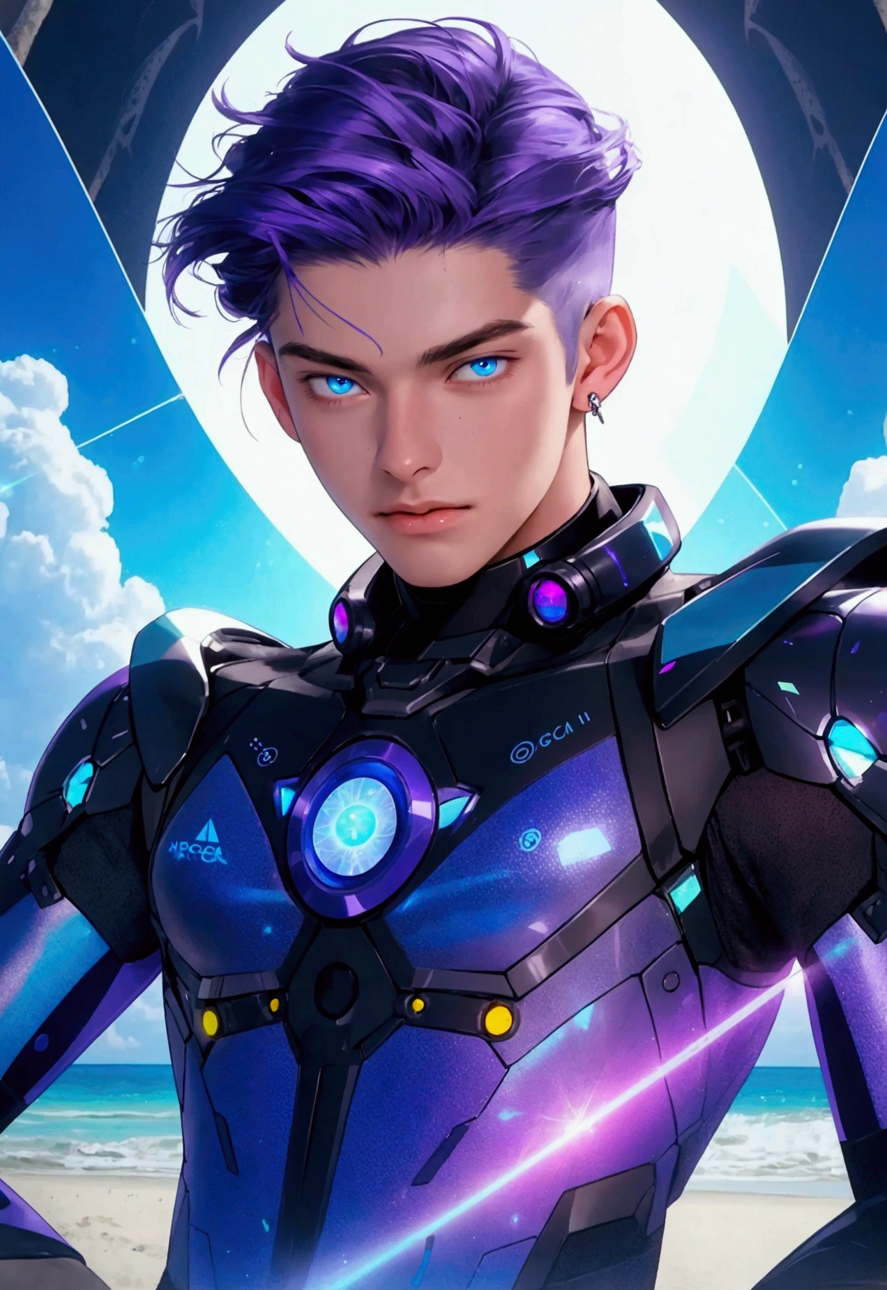 ((Artwork, high quality)), (20-year-old man), (purple hair), (blue eyes), (wearing futuristic beach clothing), (with a high-tech, holographic watch), (opening a glowing portal to the past with crackling, sparking energy around it), (set against a backdrop of a tropical beach with advanced, sci-fi elements).
