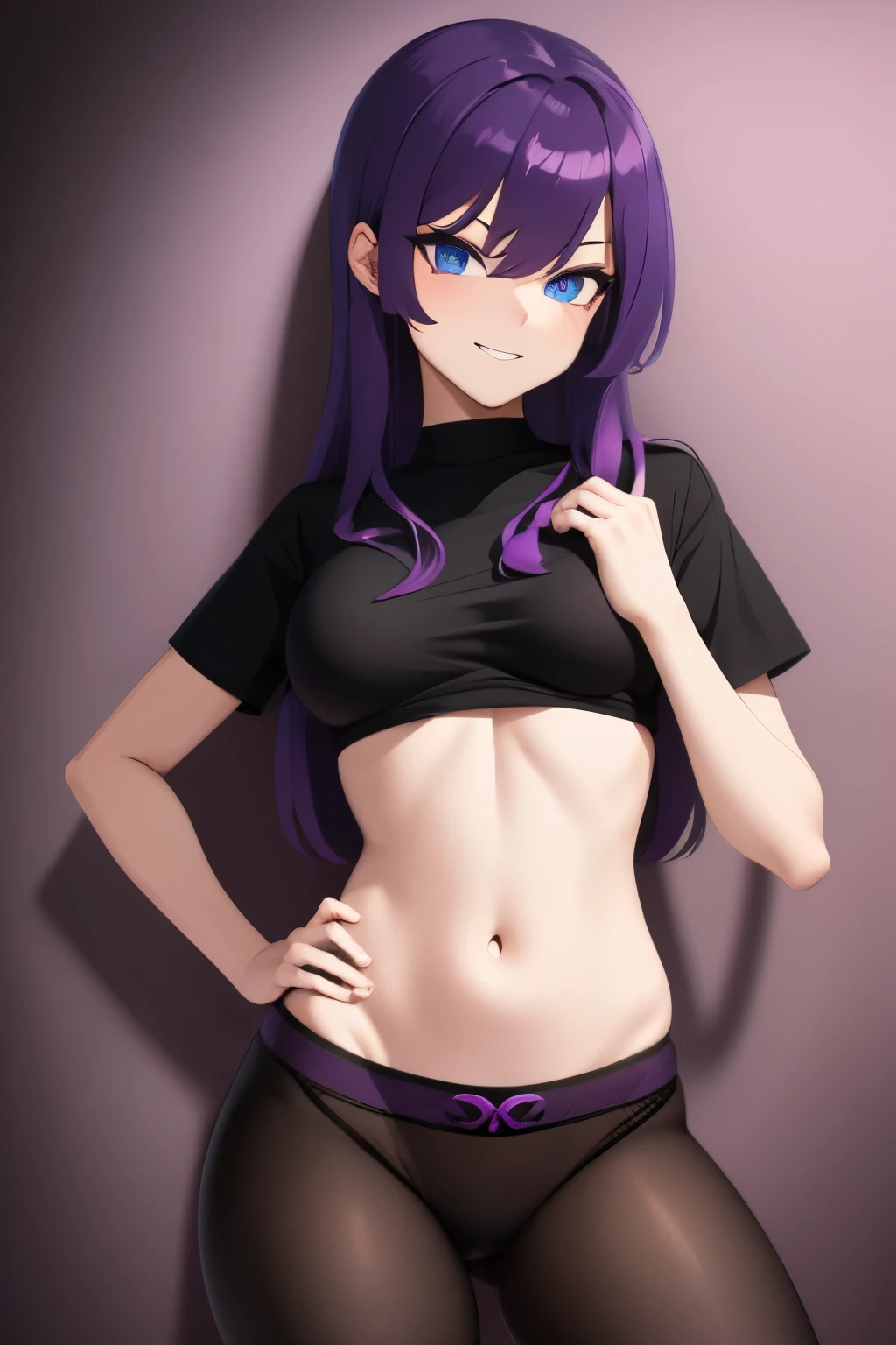 Generate an image of girl, with purple hair, withe-blue eyes, smug face, small titties, large hip and big butt, wearing a small black shirt with a purple skull on it, and wearing panties and thigh-hight