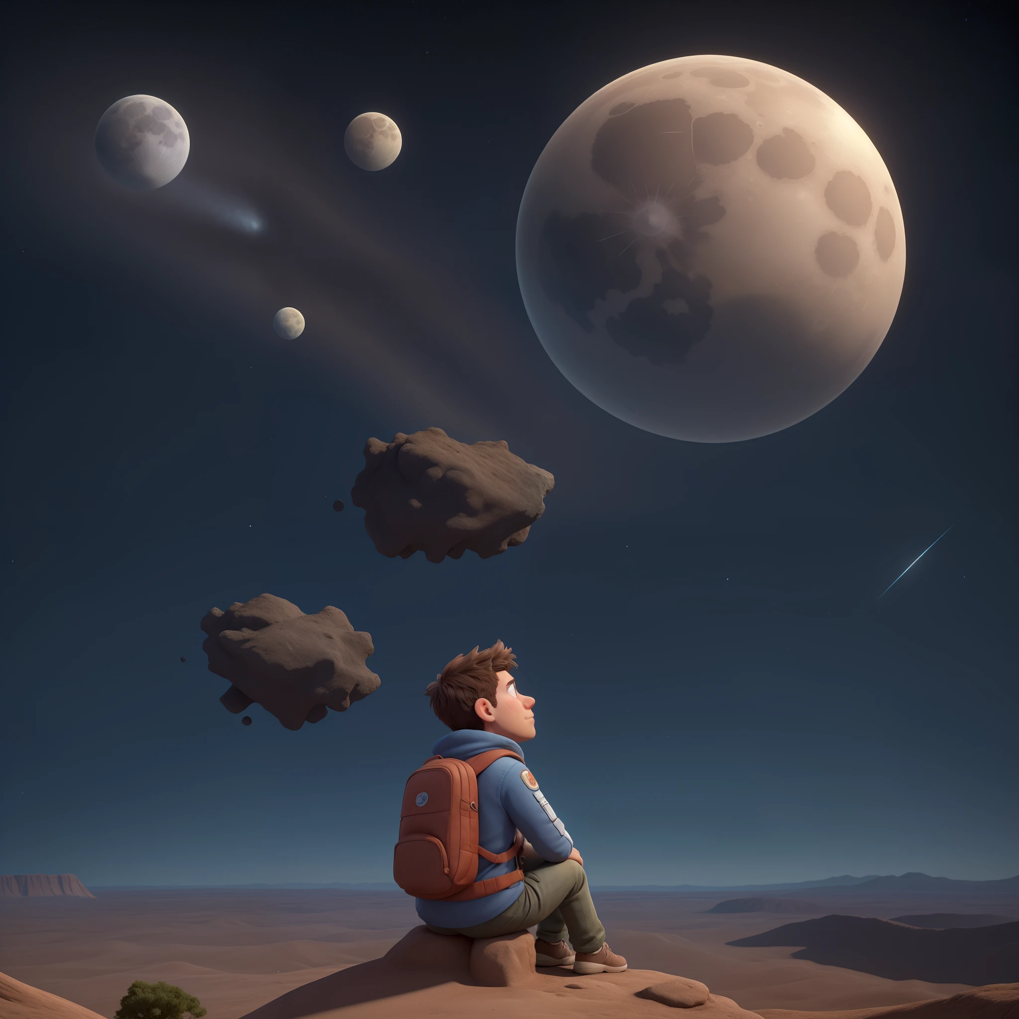 Create an illustration aimed at an audience of 25 to 35 years old. The scene features a space explorer, aged around 28 to 30, wearing modern and sleek space attire. The explorer is sitting on the moon, looking towards Earth with a bored expression. The camera perspective should be from behind the explorer, capturing both the back of the explorer and a large, partial view of Earth in the sky. Only a portion of Earth should be visible, appearing prominently and realistically, with natural details like clouds and continents. The lunar landscape should be realistic, with Earth taking up a significant part of the sky. The explorer should exude an air of vast knowledge and intelligence, conveying a sense of boredom and disappointment, as if seeing wasted potential in humanity. The overall style should be modern and engaging, suitable for a younger, tech-savvy audience.