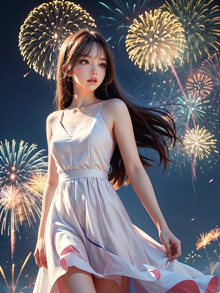 a beautiful woman kawaii realistic anime art cat human image in a white dress bea standing in front of fireworks Larisa Manovar fireworks [Fireworks in the sky]!! Fireworks Fireworks in the background Blackpink&#39;s Larisa Manobar San Yun-ju 8K)) Brandon Wolfell Choi Hong Hwa 8Kartgram Fireworks in background