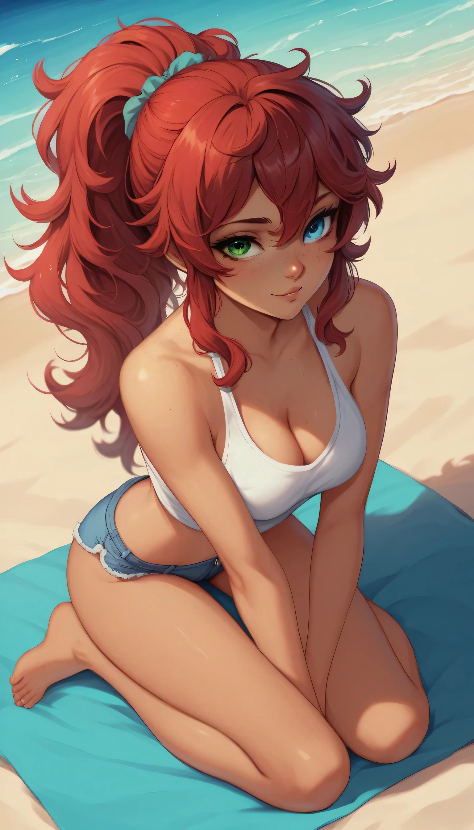 Anime, 1girl,sexy,cute, tan, shy, no top, medium sized breast, drak freckles, (heterochromia blue and green eyes), (red hair),wavy hair, messy hair, ponytail, beach, inviting, full body
