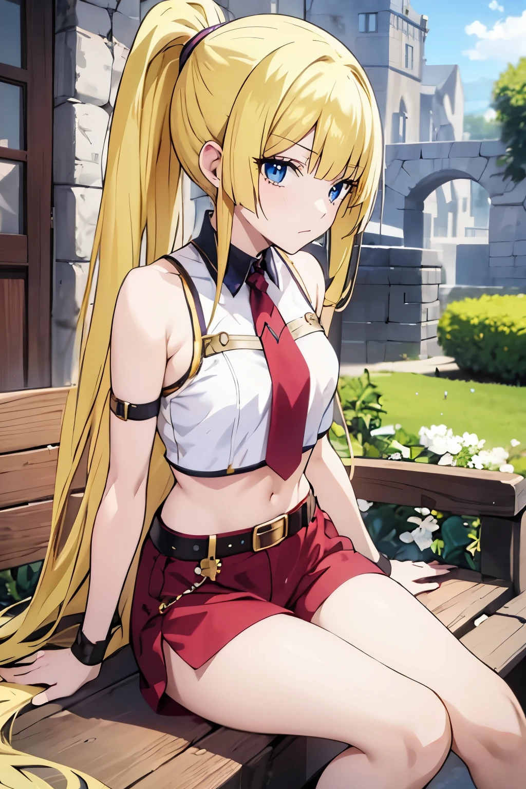 fairy_tail_style, solo, 1 girl, (young female body:1.4), (medium small breasts), golden yellow hair, extra long hair, blunt bangs, crystal blue eyes, very detailed eyes, cowboy shot, detailed eyes, town background, medieval town, fantasy, ponytail, yellow hair, adventuer girl, medieval fantasy, medieval clothes, sitting on a bench, short red crop top, white shorts, belt, stockings, boots, detached sleeves, short sleeves, white  boy shorts, red top, red tube top