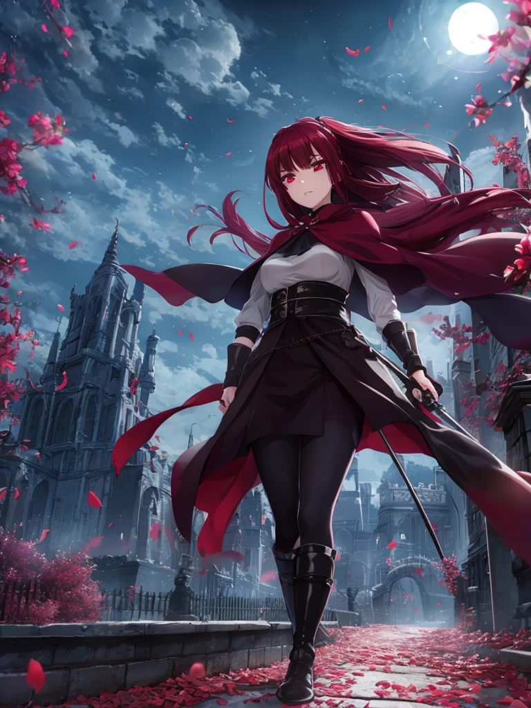 The whole of the body、Highest quality、High resolution、Serious expression、woman、Red Hair、Hairstyle is long straight、Sharp red eyes、Uplifting、Light equipment、Swing a long sword、In combat with an enemy male swordsman、Around 20 years old、anime、Voluptuous bust、Narrow waist、In front of the Demon Castle、Great style、Height: 160cm、Wounded、White Cape、A dignified and cute face、Wearing boots、White clothing、8k、high resolution、Spooky sky、My friends behind me