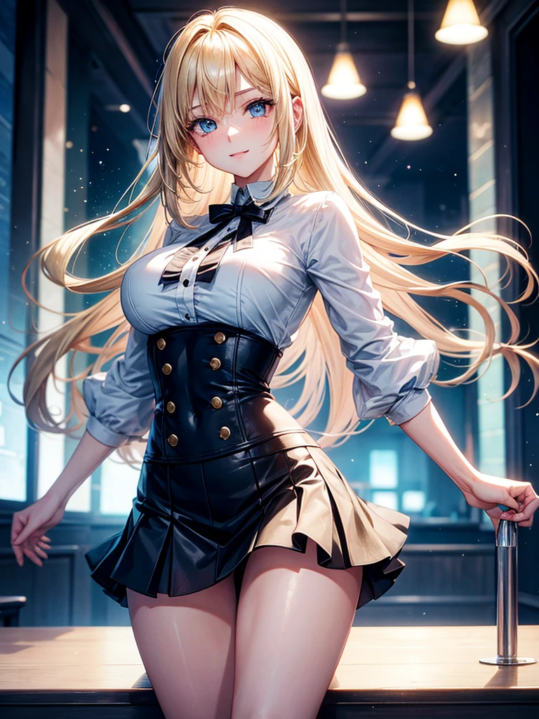 Anime style, super fine illustration, highly detailed, beautiful detailed, pale tone image, static representation, gentle expression, 8k, pretty 1girl with blonde straight short hair & blue eyes & a bright smile & full bust & soft fair skin is wearing big white business shart not to show her skin & black tight skirt in the cafe for drinking ice coffee in the evening, brilliant particles of lights, romantic stories, solo, perfect 5fingers, perfect arms, perfect legs, masterpiece.