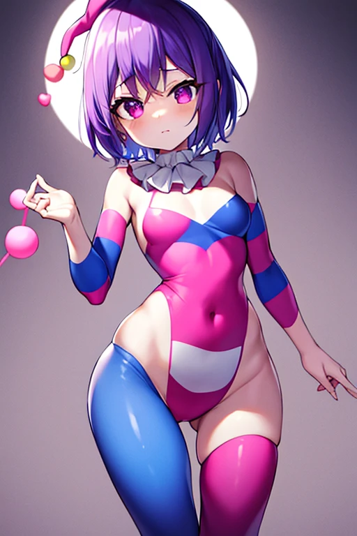 [Short stack], [short stature], clown girl, [cute clown], cutesy, [flat chested], [very skinny], [small breasts], [huge thighs], [very big waist], [very wide hips], clown outfit, [cutecore clowncore], purple eyes, pale white skin, [short height], [jester hat], pink outfit.